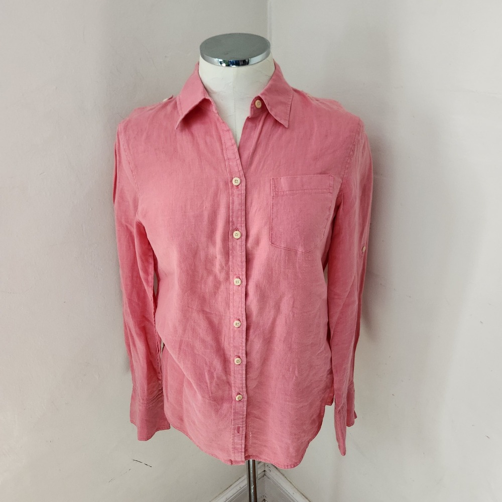 Banana Republic Pink 100% Linen‎ Button Down Shirt Roll Tab Sleeve Womens XS